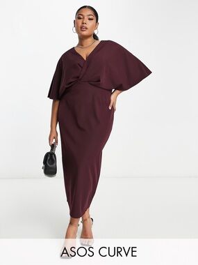 ASOS Curve Burgundy Wrap-Front Midi Dress with Cape Sleeves